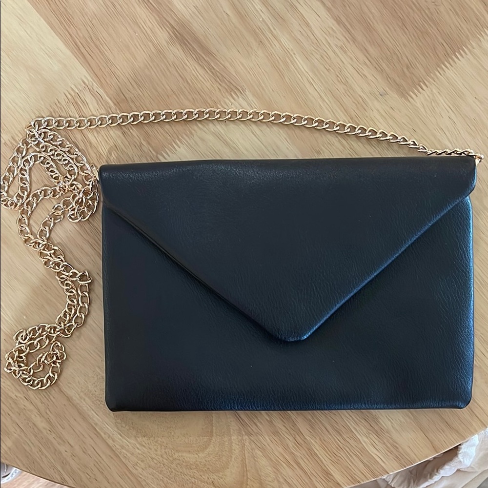 Elegant Black Leather Clutch with Gold Chain